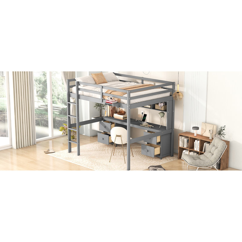Lit mezzanine gris avec bureau, rangement généreux, tiroirs et armoire de charge, Gris