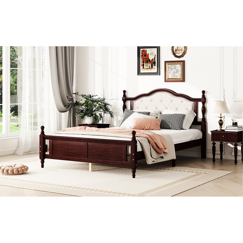 Cherry Queen Bed With Upholstered Headboard And Stable - Pine Panel In Cherry Color Material