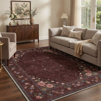 Alameda Roselyn Vintage Floral Machine Washable Red / Pink / Green Indoor Area Rug with Non-Slip Backing