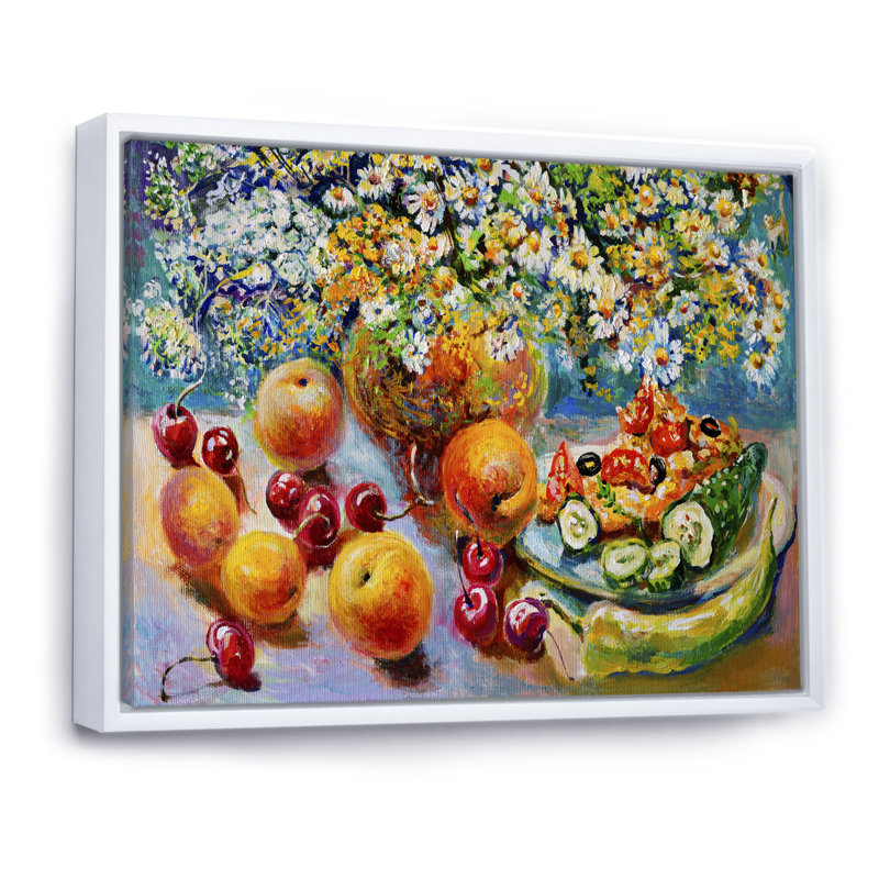 Peinture de fruits et de fleurs, nature morte, H 12 po x l 20 po x P 1 po, Cadre flottant blanc