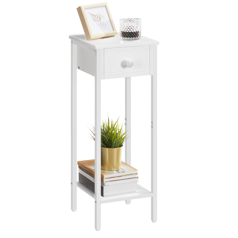 Slim Bedside Side Table with Storage, White/White