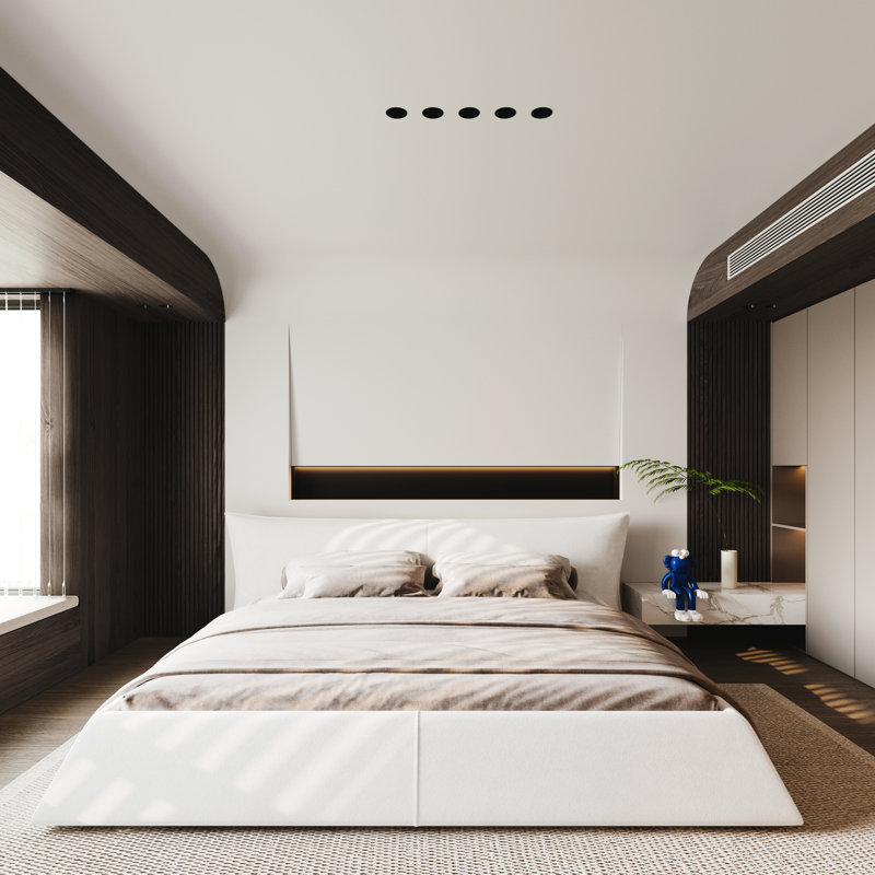 Élégant très grand lit crème avec tête de lit en velours ultra doux et base moderne en bois massif, Crème