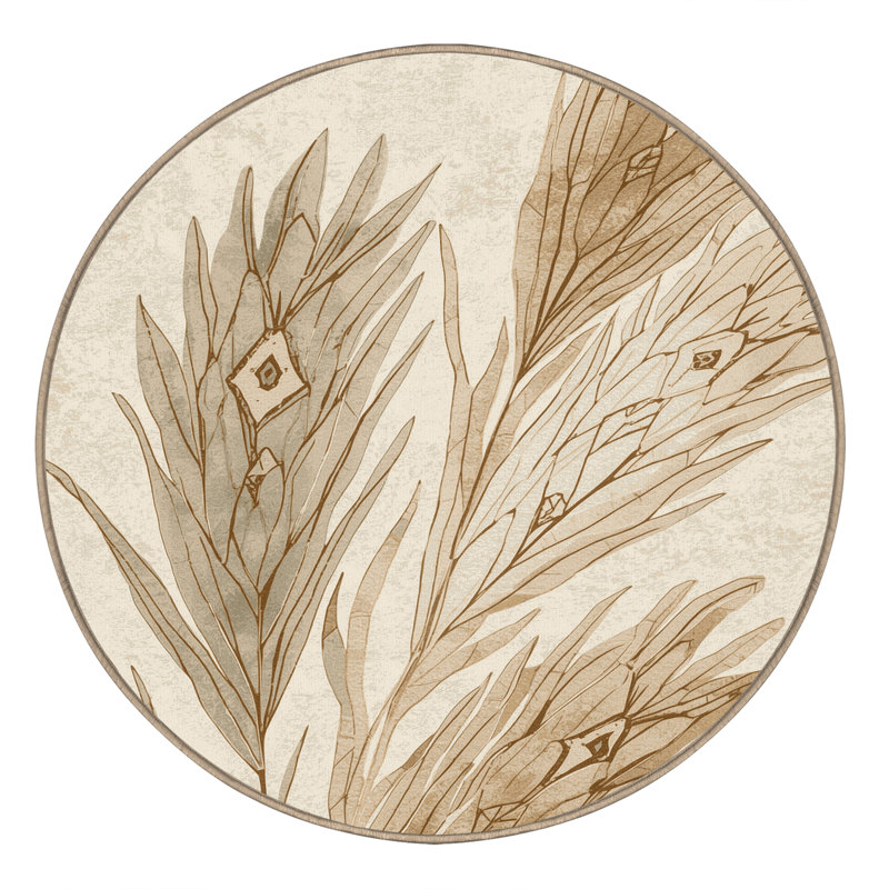 Machine Washable Parrilla Wild Grass Bohemian Moroccan Rug in Beige – Beige Binding, 4' Round