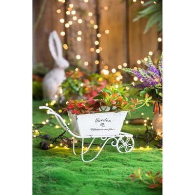 Blanc antique, fer vieilli, pot à fleurs brouette, 11,5 po x 4 po x 7 po, petites plantes artificielles, plantes grasses de comptoir,