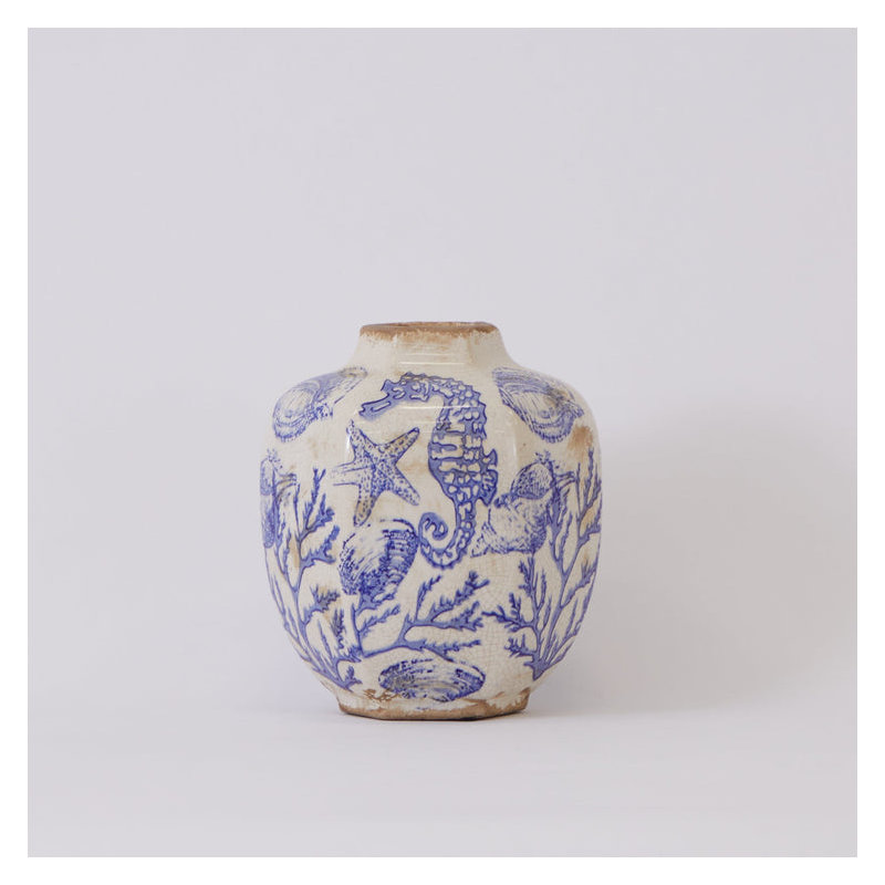 Vase de table en céramique blanc / bleu 8,5 po