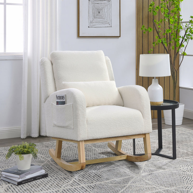Fauteuil à bascule de salon moderne à dossier haut l 27,5 "avec un coussin lombaire, deux poches latérales, blanc Teddy