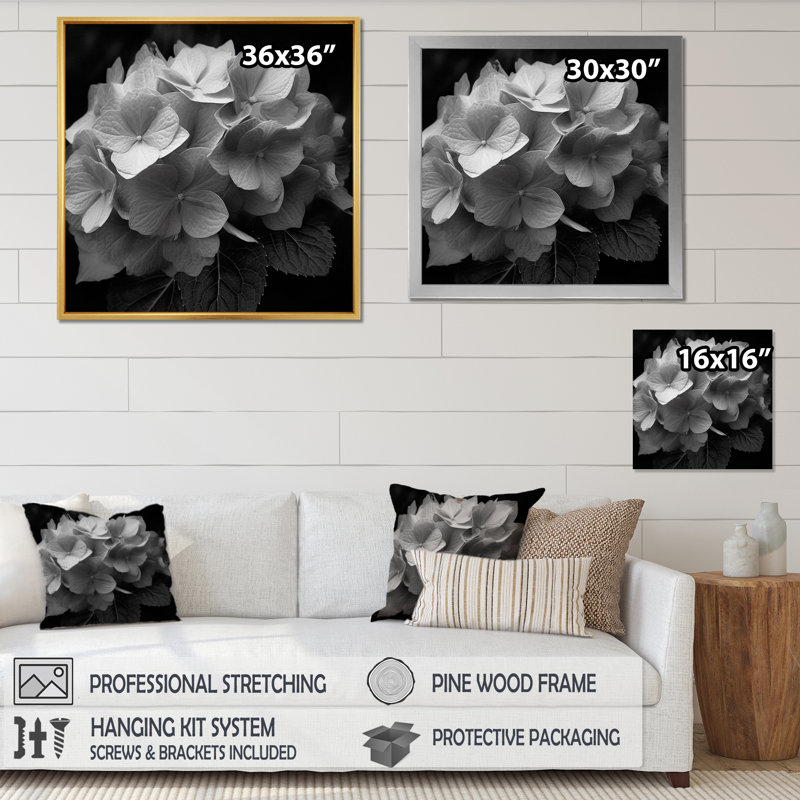 Hortensia grise blanche et grise III sur toile, H 16 po x l 16 po x P 1 po, Cadre photo blanc