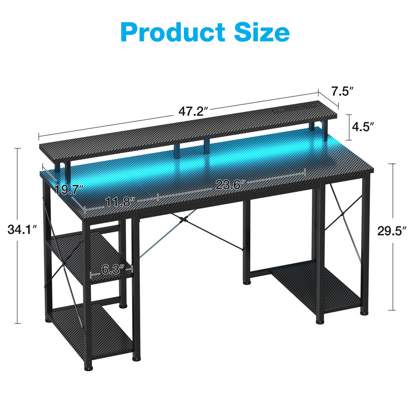 Ainhoa Computer Desk with Power Outlet and LED Lights, Black/Black