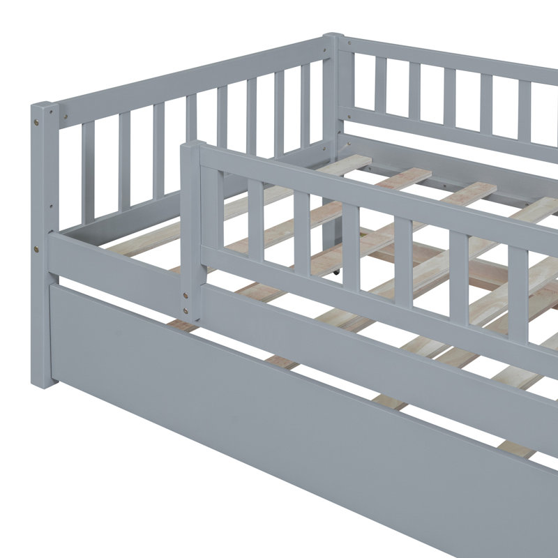 Wood Daybed With Trundle And Fence Guardrails, Gray, Twin