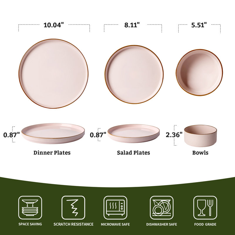 Ensemble de vaisselle 24 pièces Azal en grès rose clair avec rebord brun Azal, Rose clair