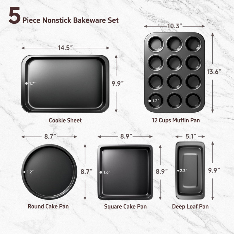 Baking Pans Set, 5-Piece Nonstick Bakeware Set With Round/Square Cake Pan, Loaf Pan, Cookie Sheet And 12 Cups Muffin Pan, Kitchen Cookware Pan Baking Sheet Set