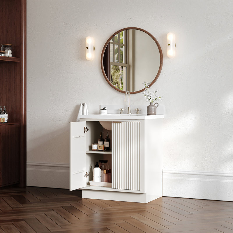 Meuble-lavabo simple en bois massif 30 po avec comptoir en quartz blanc 1,5 po et lavabo rectangulaire blanc chaud