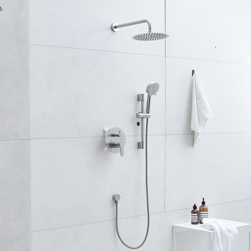 10Inch Shower System, Slide Bar Shower Faucets Sets Complete Round Shower Heads And 5Spray Handheld Combo, Wall Mounted Matte Black Shower Faucet