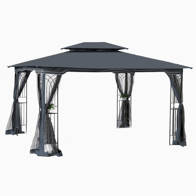 Tente de pavillon de jardin 13x10 avec double toit ventilé et moustiquaire, Gris, Gris