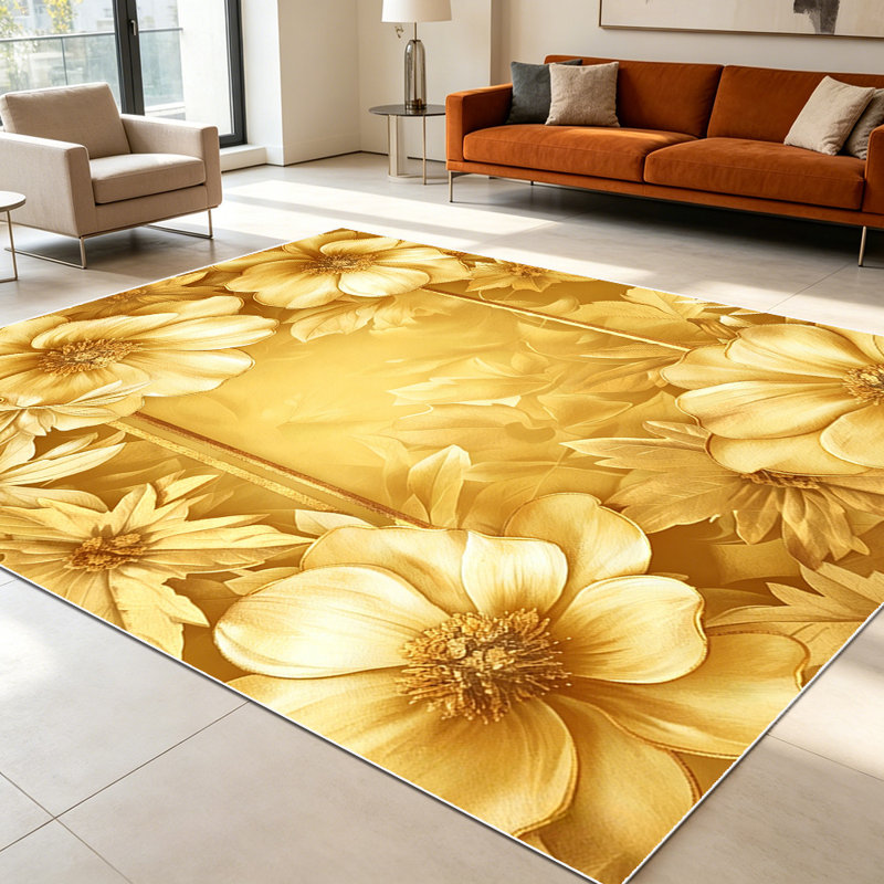 1PC Gold Embossed Floral Frame area rugs for Living Room, Soft and Comfortable, Suitable for all seasons, easy-to-maintain, machine washable Indoor floor mat, Under Table Farmhouse suitable for dining room, bedroom, kitchen, entryway, patio, home