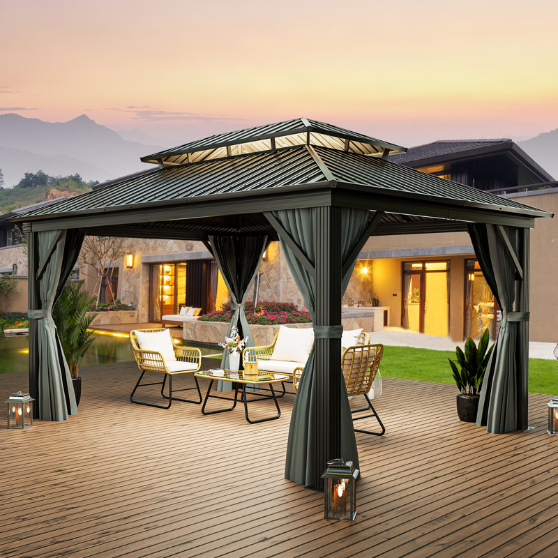 Outdoor Metal Hardtop Patio Gazebo with Privacy Curtain and Mosquito Netting, 16 ft. W x 12 ft. D