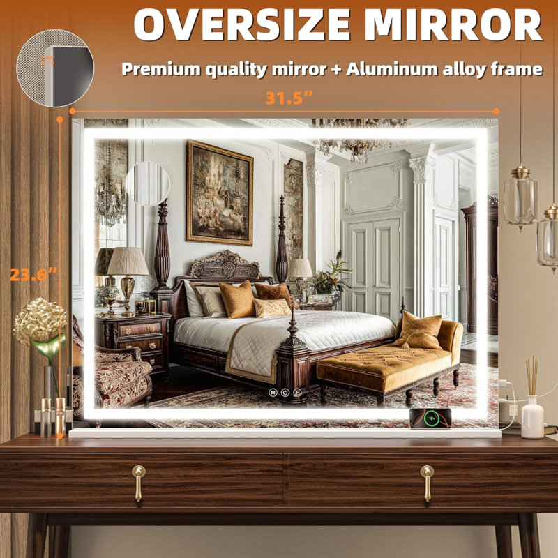 Miroir de salle de bain 32 po x 24 po à DEL avec 3 modes de couleurs à intensité variable, commande à écran tactile, fixation murale ou de table, finition blanche