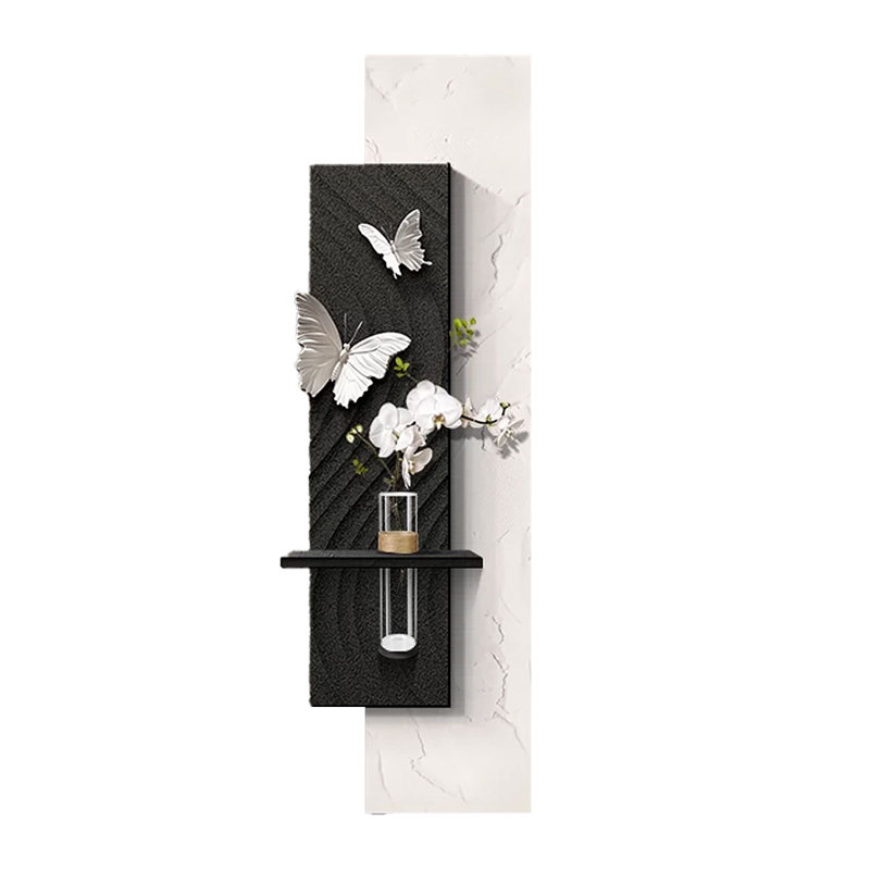 Décoration murale grès végétal vert de style Wabi-sabi, H 70,87 po x l 23,62 po x P 4,13 po, Noir / blanc