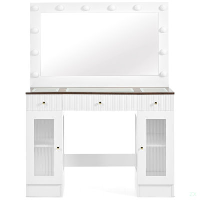 Meuble-lavabo 43,3 po avec grand miroir et ampoules Hollywood, meuble-lavabo moderne en verre avec tiroirs et prise de courant