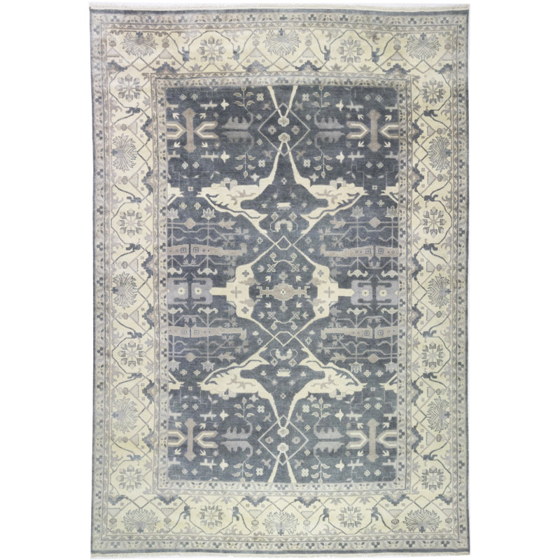 Tapis gris floral en laine noué à la main 9 pi 9 po x 13 pi 10 po Floral