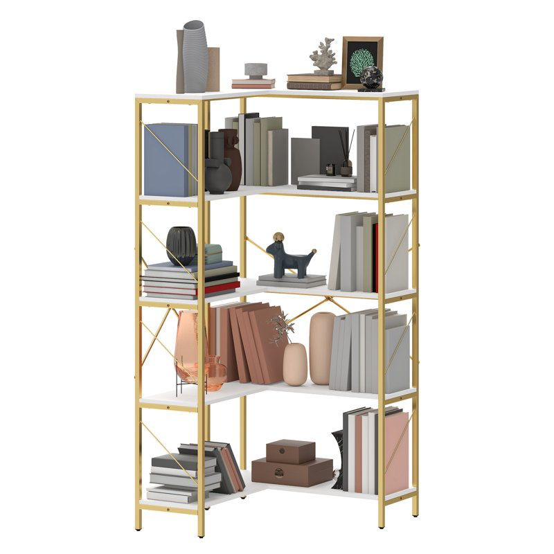 Sukanya 5 Tier Corner Bookcase, Large Display Rack Storage for Bedroom, Living Room, Gold/White