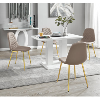 Edzard Double Pedestal High Gloss Dining Table Set with 4 Luxury Faux Leather Dining Chairs