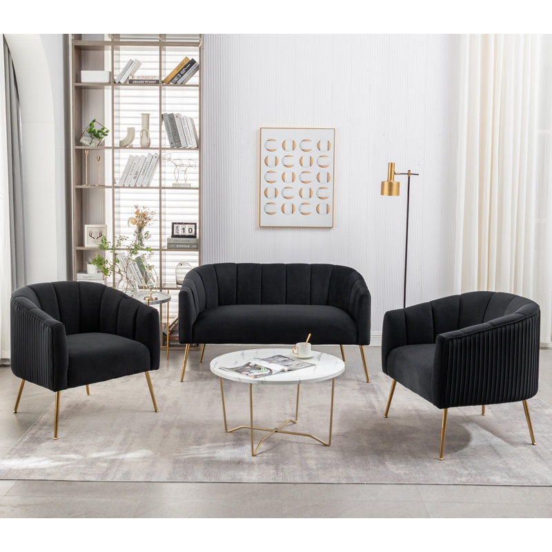 Mariantonietta 3 - Piece Velvet Living Room Set, Black Velvet
