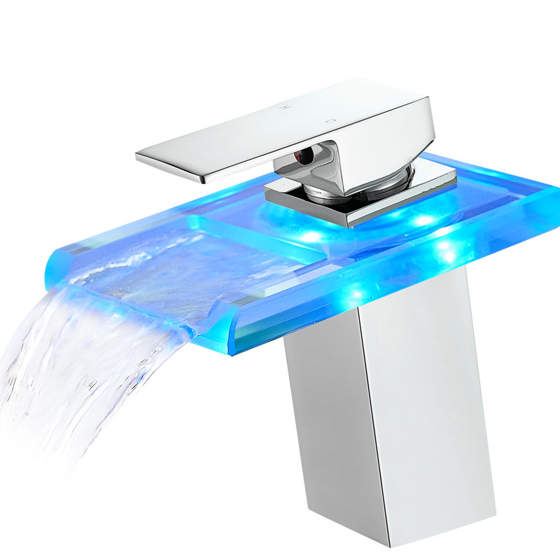 Finition du robinet à DEL pour lavabo de salle de bain: bec cascade, 3 couleurs changeantes, fixation sur le comptoir, un trou, mélange d'eau chaude et froide, mélange de fonctions de jet latéral