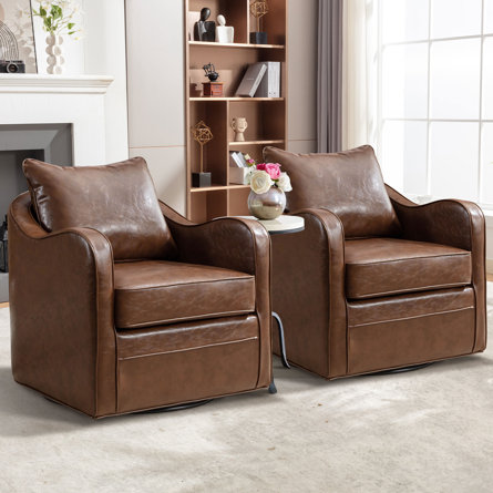 Orella 28.3" Wide Classic Vegan Faux Leather Swivel Arm Barrel Chair with Removable Pillow Backrest (Set of 2)