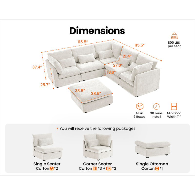 Canapé modulaire surdimensionné en V en chenille surdimensionné en V avec canapé-lit, Chenille crème