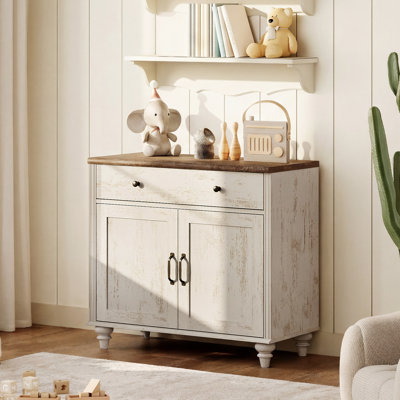 Commode pour bébé Corretta avec portes en bois, commode pour enfant avec grand tiroir, armoire en bois de style moderne du milieu du siècle, petite commode pour salon, chambre d'enfant, couloir, blanc rustique