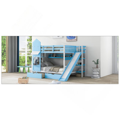 Full-Over-Full Castle Style Bunk Bed with 2 Drawers 3 Shelves and Slide - Blue