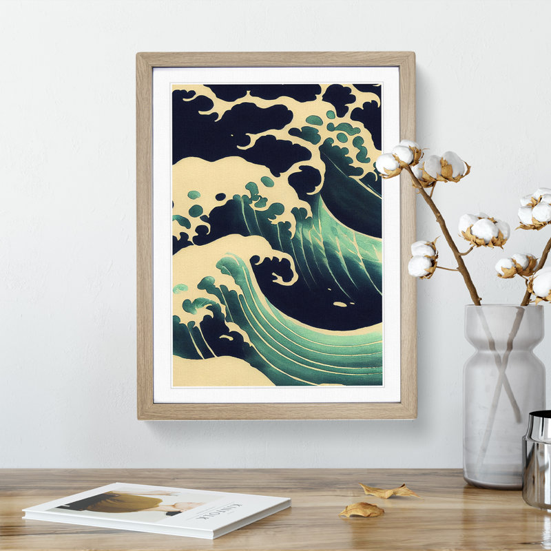 Awesome Japanese Wave 1 Piece Single Picture Frame Painting, 34cm H x 25cm W x 2cm D, Oak Framed