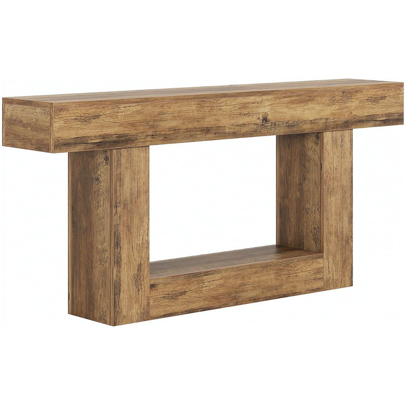 Table de couloir rustique à 2 niveaux avec base en U rétro et tablette inférieure pour la décoration, idéale pour les salons et les entrées