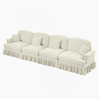 Elegant Mid Century Sofa Couch With Flared Arms, Removable Ruffles, And Spindle Legs, Ideal For Comfy Living Room Seating