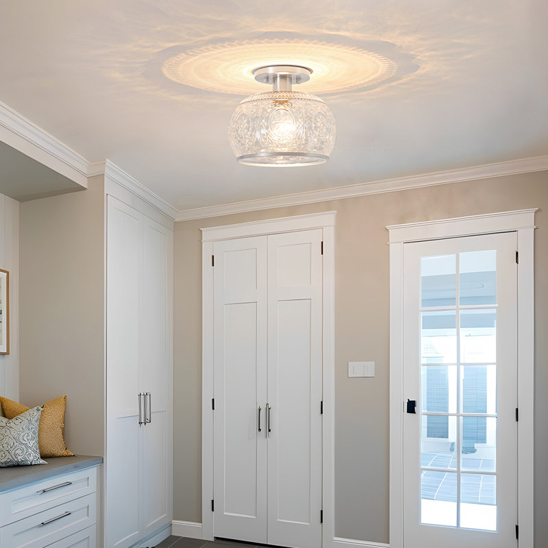 Brushed Nickel Vintage Semi-Flush Mount Ceiling Light With Clear Globe Glass, For Hallway, Kitchen, Bathroom, Bedroom Lighting