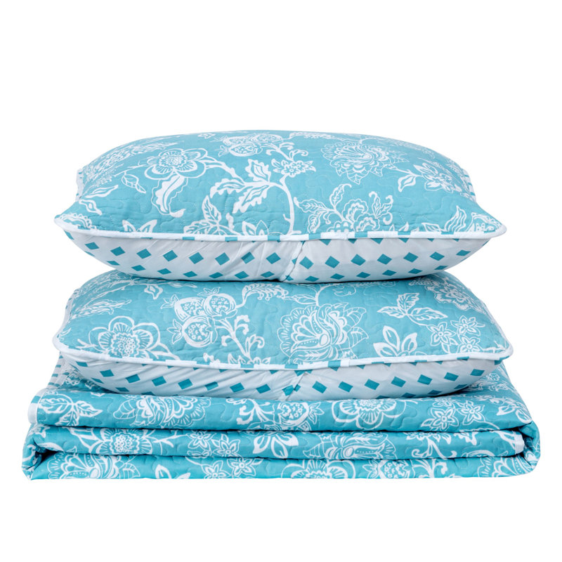 Emma Blue Floral Reversible Microfiber Twin Quilt Set