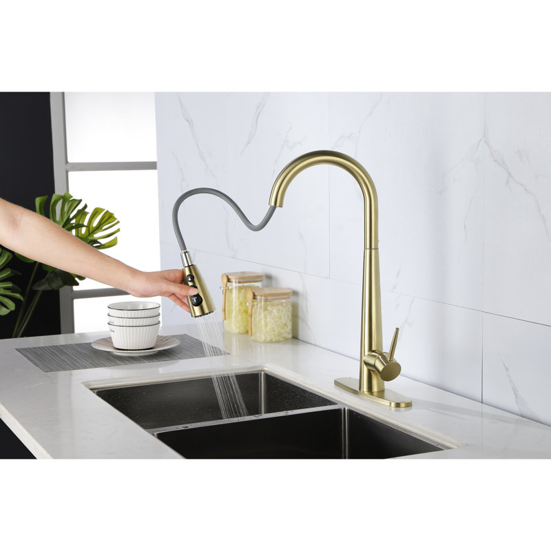 Single Handle Pull Down Kitchen Sink Faucet In Brushed Gold - Stainless Steel Material, 360 Rotating High Arc Nozzle, Three Water Output Styles For Different Works, Smooth Aerated Flow, Rust Proof