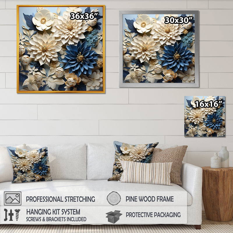 Zinnias III blanc et bleu minimalisme sur toile, Cadre doré simple, H 36 po x l 36 po x P 1,5 po