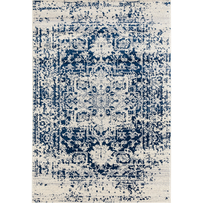 Tapis ivoire / bleu à bordure Meudon, Rectangulaire 9 pi 8 po x 13 pi 2 po