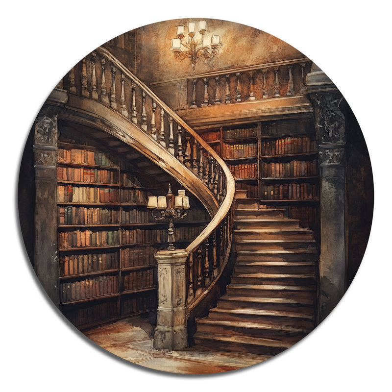 Escalier à travers les piles - Bibliothèque, art mural rond en métal, H 36 po x l 36 po