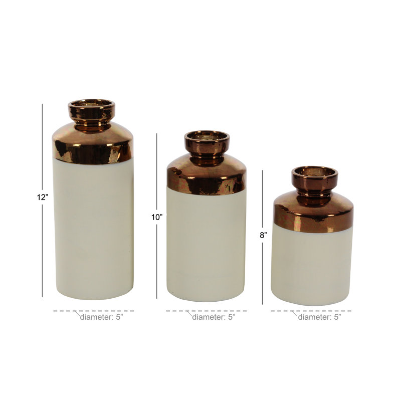Ceramic Decorative Vase with Copper Like Tops Set, White