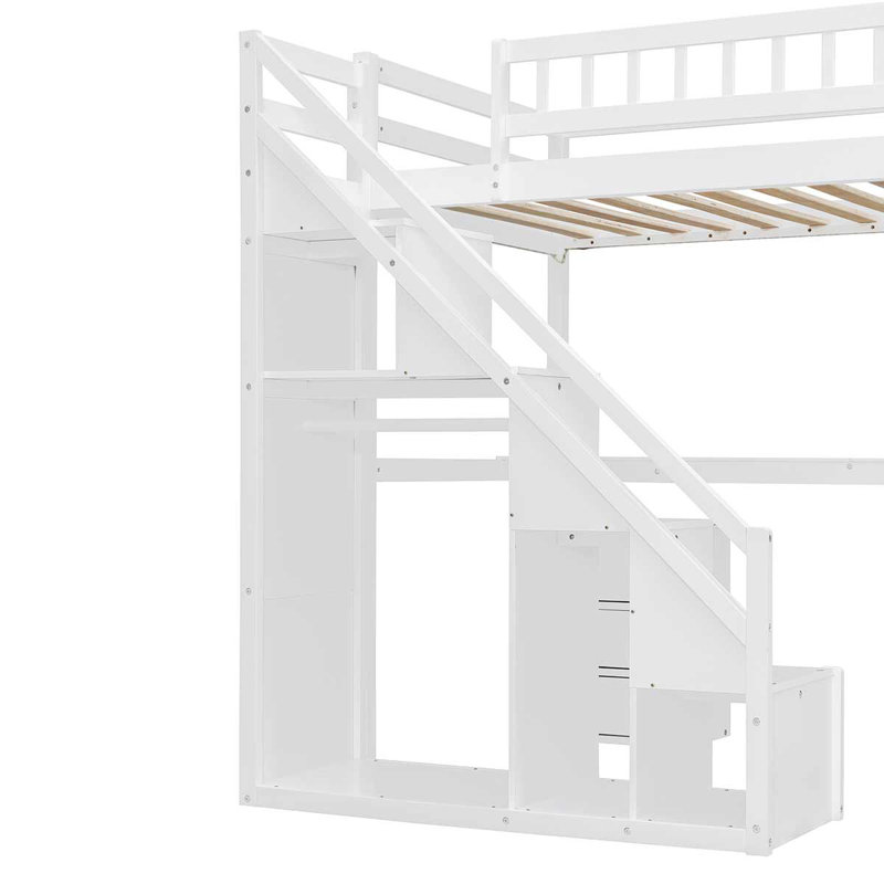 Lit mezzanine en bois avec tiroirs, bureau et bande lumineuse pour adolescents, Blanc, Lit simple