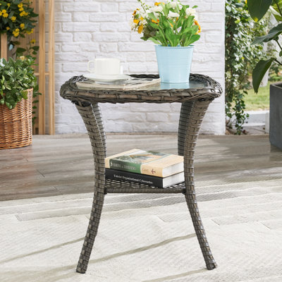 Abbey Stylish Outdoor Wicker Side Table With Glass Top by Lark Manor