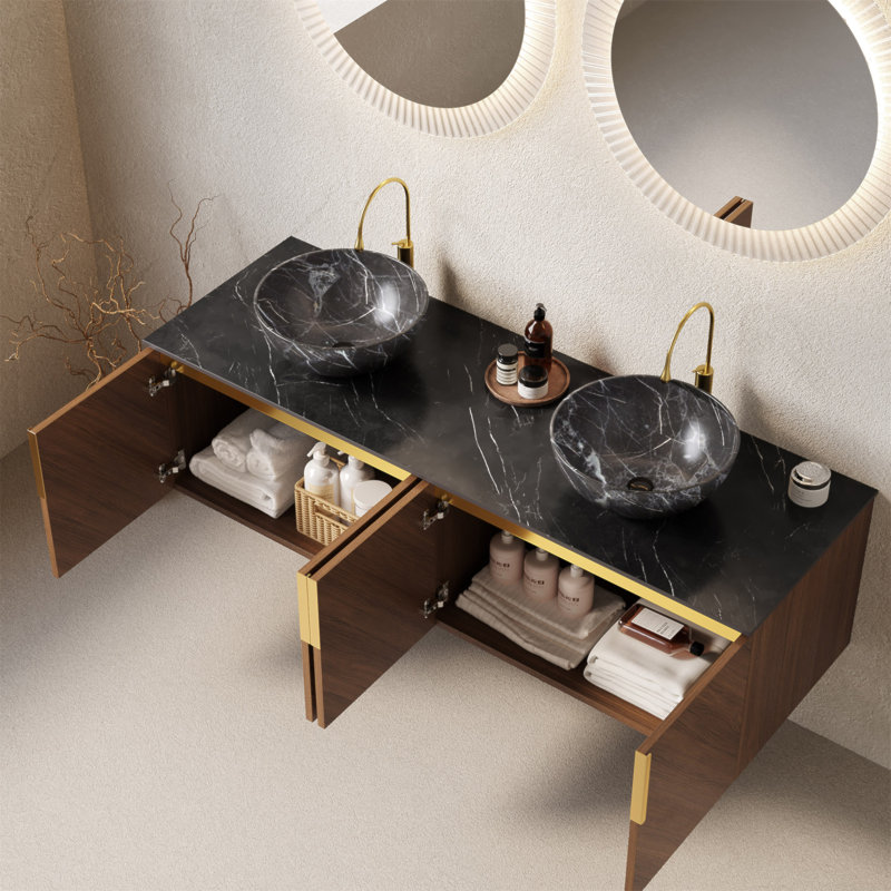 Meuble-lavabo de 60 po avec lavabo en contreplaqué flottant avec 4 portes, 2 cuves en céramique avec motif en pierre et comptoir en pierre frittée noire