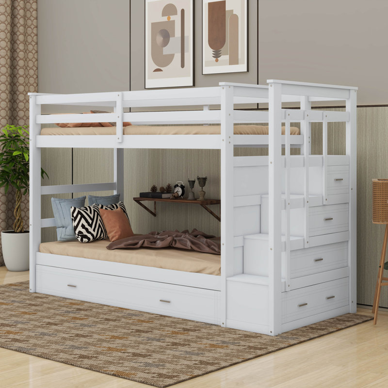 Janneli Kids Twin Over Twin Bunk Bed with Trundle with Drawers, White