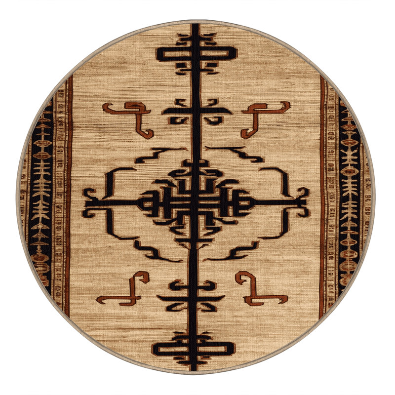 Tapis beige Art Deco lavable à la machine, Rond 4 pi