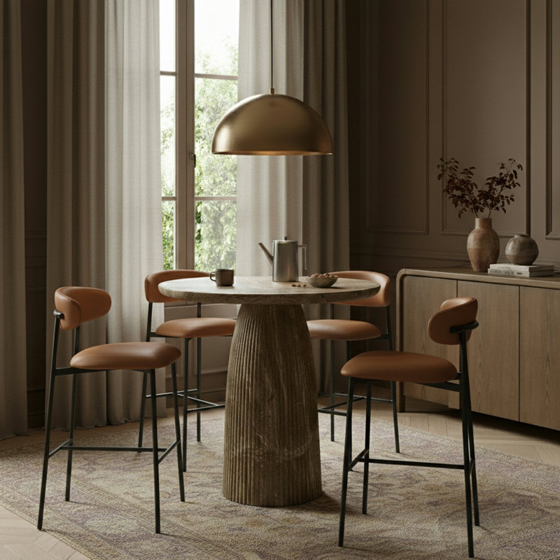 Tabouret de bar rembourré en cuir Lupita, Cuir cognac végétalien, Noir mat