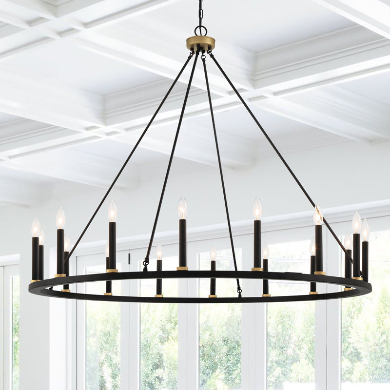 Adriana 47" W 16-Light Dimmable Wagon Wheel Chandelier with Sloped Ceiling Adapter, Graphite/Muted Brass