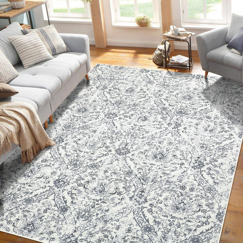 Floral Machine Washable Rug with Rubber Backing for Living Room Non-Slip Area Rug Vintage Indoor Carpet Non-Shedding Rug for Bedroom Dining Room Hallway Kitchen Office Playroom Nursery